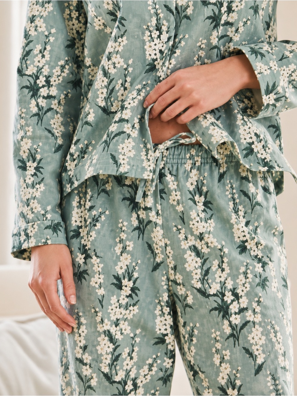 Garnet Hill Sage Green Floral Satin Pajama Set - Picture 3 of 12
